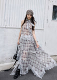 check two piece set, lace patchwork skirt set, korean fashion set, romantic maxi skirt set, vintage plaid outfit, feminine two piece dress set, irregular lace set, artistic summer outfit, jnylon set, elegant vacation outfit