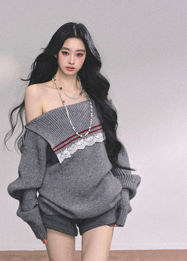 off shoulder knit sweater women, preppy lace sweater, british style grey knit, slanted shoulder knit top, loose winter pullover, fw25 preppy knit, lace inset sweater, american preppy sweater women, gray off shoulder top