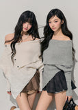 snow country sweater, one shoulder knit, Korean twist sweater, asymmetrical knit top, winter feminine knit, soft Korean fashion, AOMALM sweater, off shoulder winter top, twist cable knit, Korean girl aesthetic outfit, soft girl winter top, French knit sweater, irregular knit design, cozy winter knit, elegant off shoulder top, trendy Korean knitwear, winter twist pullover, romantic knit sweater, feminine winter outfit, AOMALM winter collection