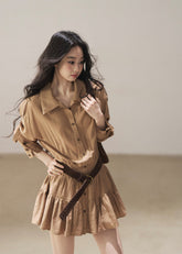 Golden beige lapel dress set with inner shorts