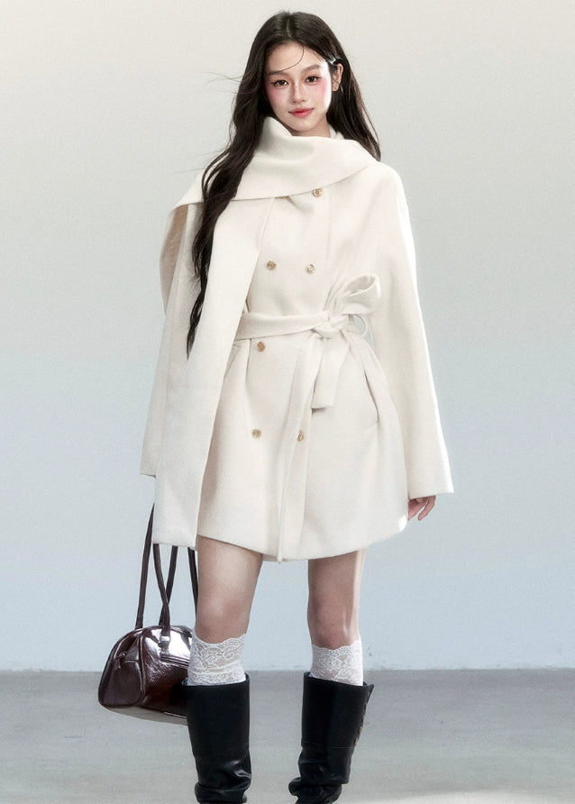 Fragileheart wool coat, scarf collar jacket, ivory belted coat, luxury Korean fashion, quiet luxury outerwear, pastel noir aesthetic, elegant winter coat, K-fashion 2025, soft feminine style, minimalist wool wrap, chic winter outfit, modern elegant outerwear, white long coat, sophisticated Korean womenswear