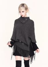 VOCK, y2k fashion, Korean style sweater, fringe cape sweater, knit shawl top, high neck poncho, asymmetric sweater, gothic knitwear, winter kawaii fashion, edgy streetwear top, Korean winter outfit, aesthetic dark fashion, high collar knit, poncho sweater women, irregular hem sweater, trendy winter tops women, Seoul fashion knit