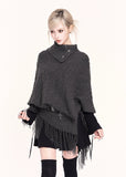 VOCK, y2k fashion, Korean style sweater, fringe cape sweater, knit shawl top, high neck poncho, asymmetric sweater, gothic knitwear, winter kawaii fashion, edgy streetwear top, Korean winter outfit, aesthetic dark fashion, high collar knit, poncho sweater women, irregular hem sweater, trendy winter tops women, Seoul fashion knit