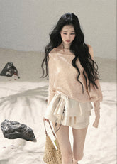 aomalm top, sheer off shoulder top, sunscreen cover up top, korean feminine top, loose summer top, translucent cover up, hazy fog top, pure desire top, asymmetric sleeve top, summer layering top, feminine korean fashion, resort cover up blouse