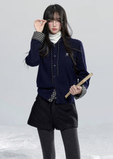 Fragile Heart knit cardigan, plaid patchwork hoodie, Korean girly knit top, layered look knit cardigan, soft feminine hoodie, navy plaid knit jacket, cute Korean hooded cardigan, romantic winter knitwear, cozy patchwork sweater, feminine layered knit top, AW Korean fashion knit hoodie