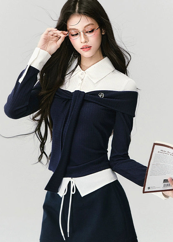 Fragileheart knit top set, off-shoulder sweater, luxury Korean fashion, elegant preppy outfit, autumn winter 2025, quiet luxury style, pastel noir aesthetic, black and white knitwear, K-fashion two-piece set, modern feminine look, ribbon detail top, soft academic chic, refined Korean womenswear, structured luxury knit