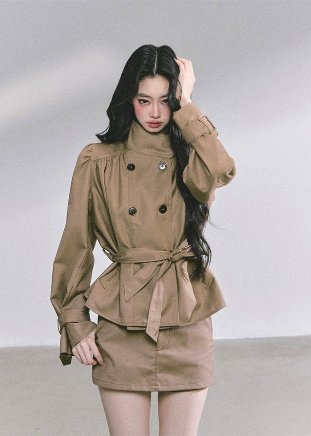 french hepburn suit set, korean two piece skirt suit, autumn peplum blazer set, belted blazer mini skirt, elegant korean outfit women, seoul chic fashion set, french inspired skirt suit, korean business chic outfit, hepburn korean office set, korean high end autumn fashion, korean modern lady outfit, classy two piece set for women, parisian blazer skirt set, kfashion blazer outfit, korean elegant matching set