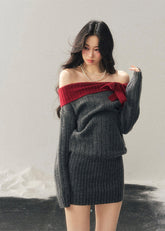 AOMALM sweater dress, off shoulder knit dress, one shoulder winter dress women, hip hugging knit dress, Korean aesthetic dress, feminine mini sweater dress, American style knit dress, winter slim dress women, cozy knit mini dress, contrast neckline dress, soft feminine winter outfit