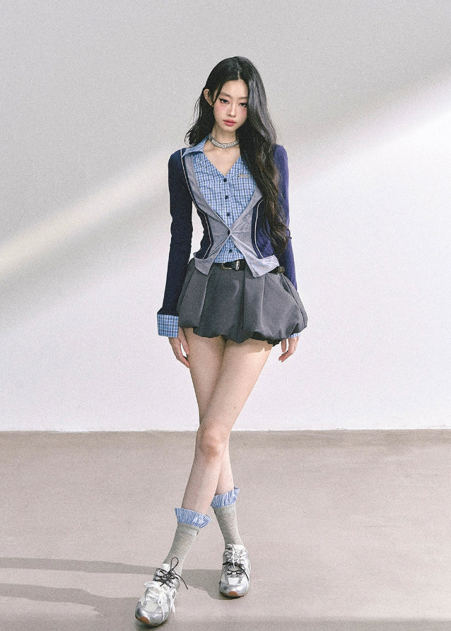 korean fake two piece top, british prep style knit, korean long sleeve polo top, seoul fashion top women, korean streetwear chic outfit, slim fit preppy top women, british college inspired blouse, korean hot girl street fashion, plaid accent layered top, korean fall outfit long sleeve, slim waist design top, trendy korean autumn top, korean aesthetic fashion, london prep chic top, korean fashion two piece illusion blouse