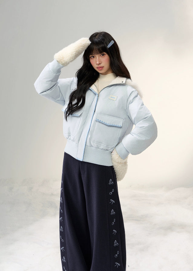 pastel down jacket, fluffy fur collar jacket, Korean girly winter coat, AW warm puffer, soft pastel outerwear, umoumo aesthetic jacket, contrast shell puffer, cozy hooded down jacket, cute winter puffer coat, feminine Korean fashion, cloud blue puffer, baby pink winter jacket, slim waist down coat, warm fluffy hood jacket, Fragileheart soft mood, girly pastel winter outfit, fluffy trim puffer, winter kawaii jacket, Korean sweet girl style