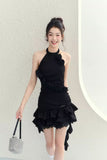 Niche design dinner style black rose ribbon sleeveless dress