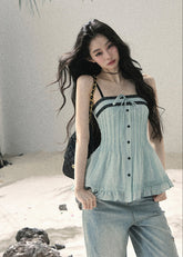 aomalm top, pleated cami top, seafoam summer top, korean fashion top, feminine summer blouse, contrast trim cami, peplum summer top, french style top women, slim fit cami top, elegant casual top, summer date outfit top, soft girl summer top