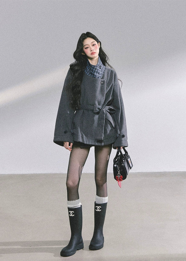 wool belted blazer, plaid collar wool coat, French tweed jacket women, Korean academia jacket, oversized wool top women, fall winter wool blazer, elegant wrap coat women, chic plaid lining jacket, boutique woolen outerwear, Korean fashion blazer, loose slimming wool coat, tweed overcoat women, autumn french style coat, high-end wool jacket women, 2025 fall fashion outerwear