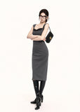 Waist-defined grey-black midi dress