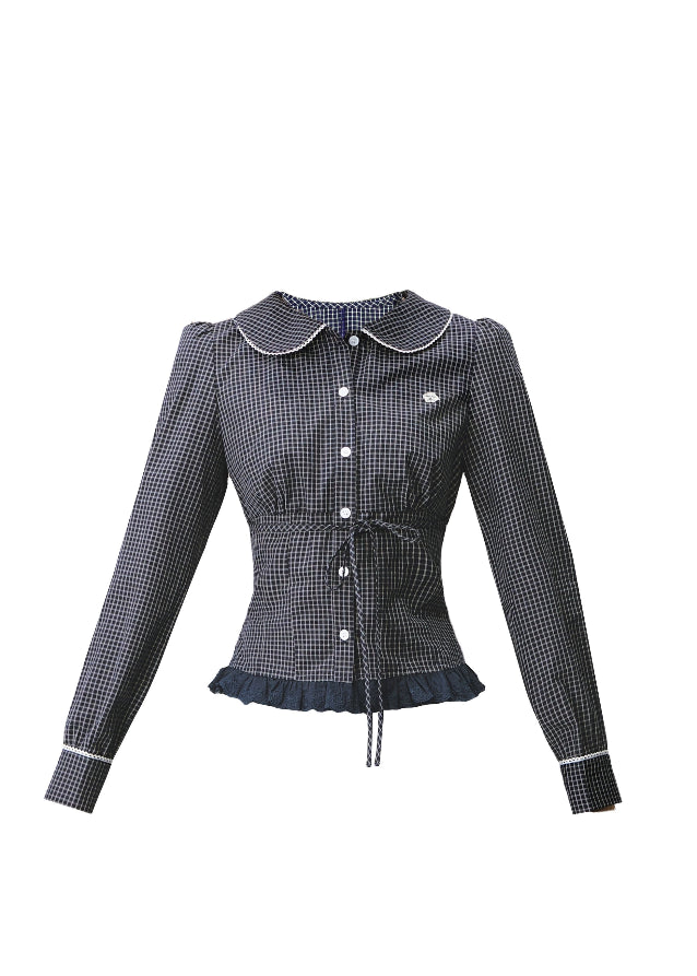 Fragileheart lace set, gingham blouse skirt, luxury Korean fashion, elegant two-piece outfit, soft preppy K-fashion, 2025 fall collection, quiet luxury style, pastel noir aesthetic, romantic layered skirt, modern feminine fashion, luxury womenswear, Korean academic outfit, chic lace two-piece dress, graceful preppy look, soft vintage fashion