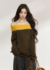Relaxed contrast knit sweater with a wide folded off-shoulder neckline