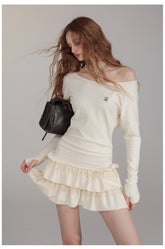 원숄더 레이스 티어드 미디 드레스