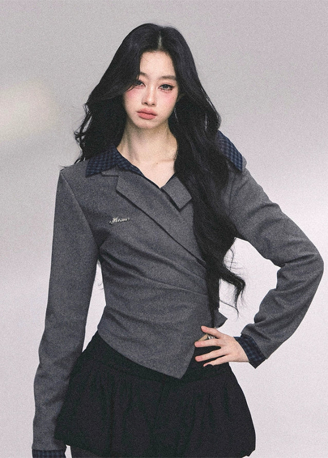 fake two piece polo top, plaid collar long sleeve shirt, schoolgirl style top women, autumn slim fit polo, wrap design knit top women, academia plaid shirt, fw25 preppy top, waist slimming shirt women, australian preppy outfit