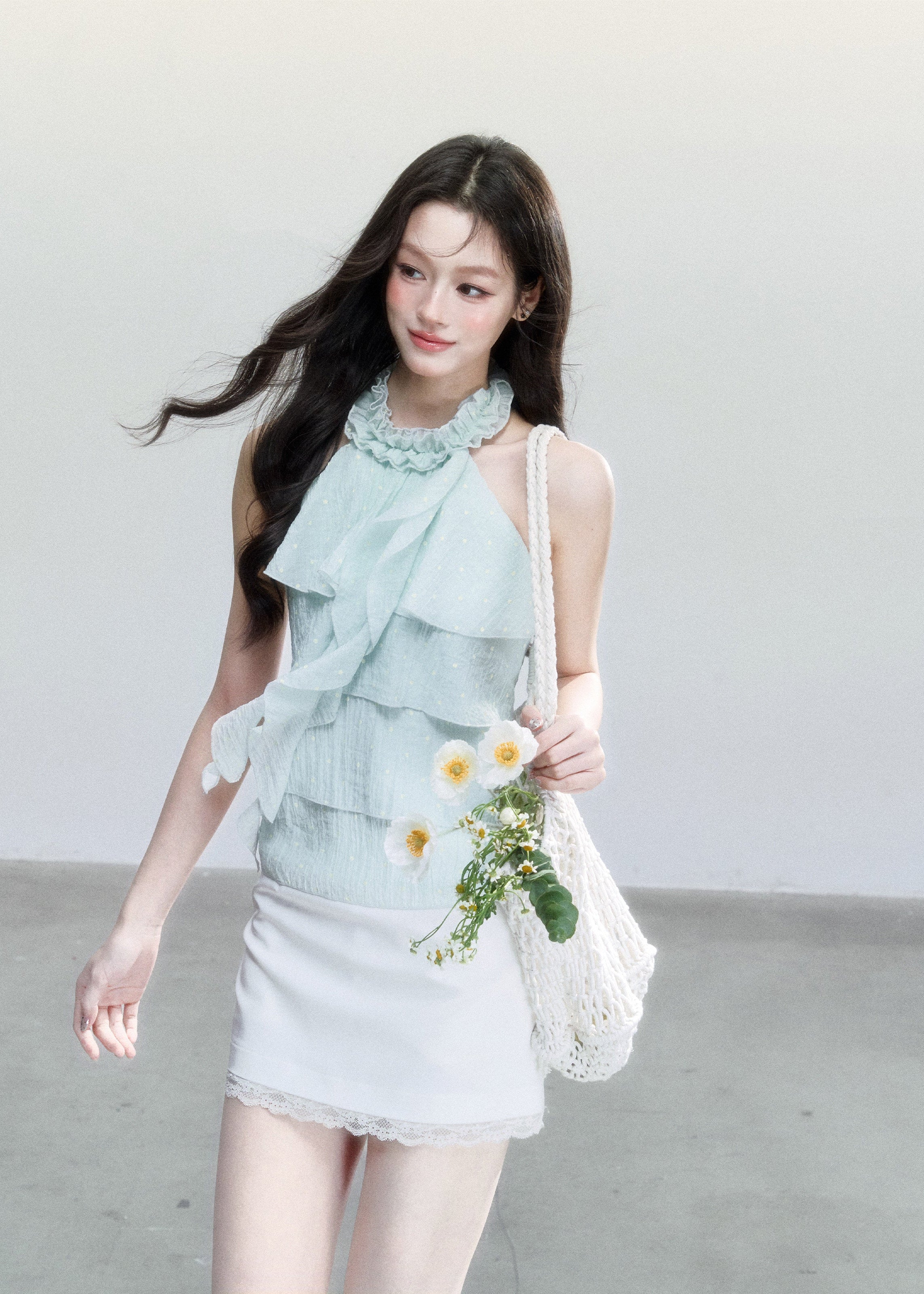 fragileheart top, mint halter camisole, ruffle camisole top, korean feminine top, mint green summer top, polka dot cami, sweet korean fashion, ruffled halter top, soft girl camisole, summer cami top, feminine resort top, cute mint top