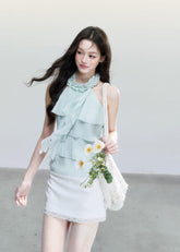 fragileheart top, mint halter camisole, ruffle camisole top, korean feminine top, mint green summer top, polka dot cami, sweet korean fashion, ruffled halter top, soft girl camisole, summer cami top, feminine resort top, cute mint top
