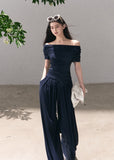 Deep navy off-shoulder top and wide-leg pants set