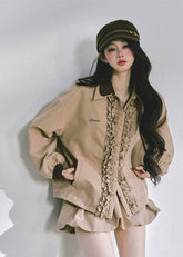 french suit set, ruffle jacket set, autumn two piece outfit women, korean fashion co-ord, puff skirt set, bud skirt outfit, soft girl aesthetic clothes, elegant ruffle jacket, korean chic two-piece, fall fashion women, korean streetwear outfit, cute jacket and skirt set, stylish autumn outfits for women, feminine korean fashion, french style women’s clothing