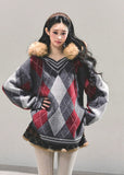 winter argyle sweater, Korean knit top, AOMALM sweater, women’s loose knit, autumn winter pullover, retro college sweater, oversized V-neck knit, diamond pattern sweater, warm winter top, Korean fashion 2025, preppy style sweater, soft knit pullover, cozy oversized sweater, streetwear knit top, feminine winter outfit, hot girl winter fashion, wool-like knit sweater, Korean argyle pullover, aesthetic winter top, cute winter sweaters for women