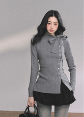 bow knit top, ribbon collar knit shirt, long sleeve knit cardigan women, french style knit top, korean bow sweater, slim fit winter knit top, elegant ribbon blouse, soft knit bow cardigan, layered knit top women, preppy bow collar top, winter knitted blouse, gray knit cardigan top