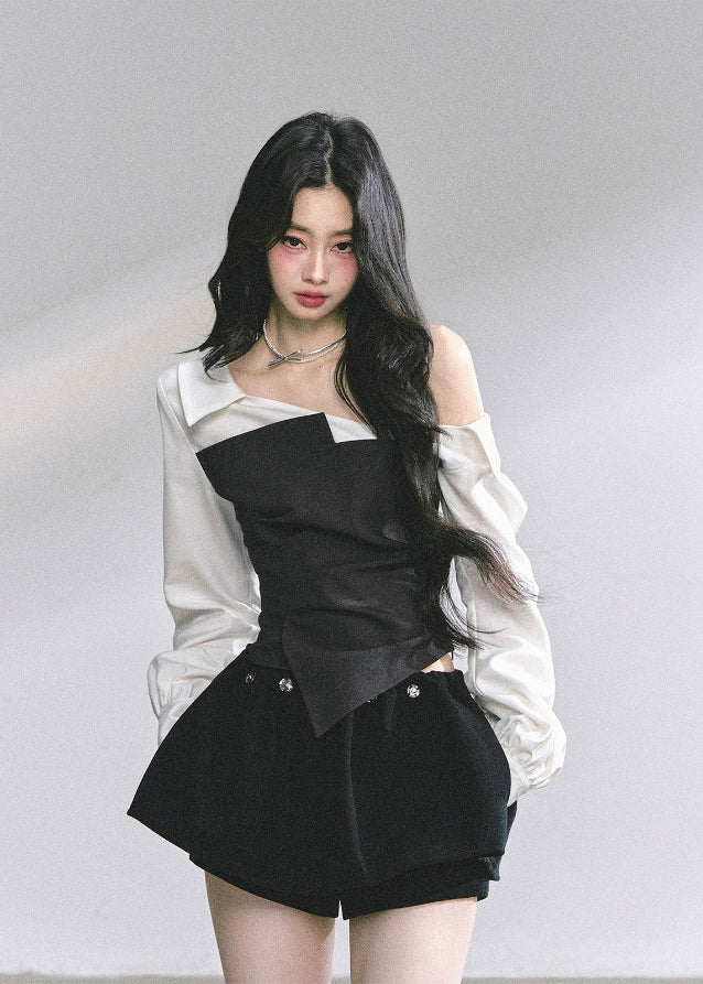 korean two tone blouse, asymmetric off shoulder shirt, french long sleeve top women, korean fashion contrast blouse, slim waist shirt women, korean autumn outfit top, elegant commuter top, kfashion two color blouse, trendy korean streetwear 2025, seoul chic long sleeve, black and white asymmetric top, korean office style top, elegant korean fashion, hepburn style top, contrast panel shirt women