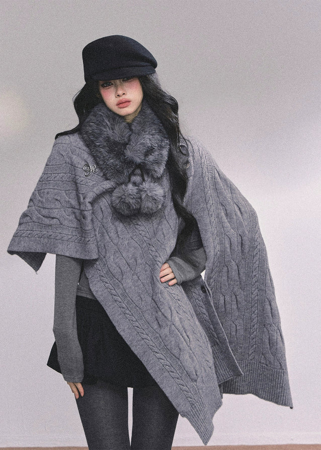 british muse cloak, knit sweater cloak, cable knit cape, french knit shawl, winter knitted cape women, twist knit cloak top, elegant knit outerwear, korean style knit cape, autumn winter knitwear, oversized knit shawl, chic cloak sweater, warm cable knit top, french luxury knitwear, nom alm style knit, womens winter fashion 2025