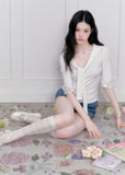 fragileheart top, white lace tie top, korean feminine top, pure desire lace top, slim lace t-shirt, tie neck top women, glass candy top, feminine korean fashion, lace summer top, soft white blouse, romantic fitted top, korean summer outfit