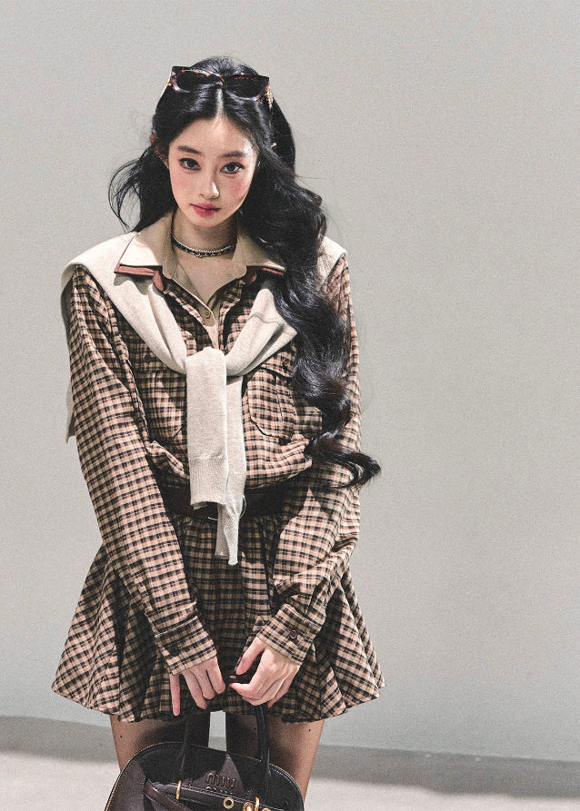 plaid shirt dress women, faux two piece dress, preppy plaid mini dress, american style check dress, winter shirt dress women, pleated plaid mini, brown plaid outfit, fw25 plaid fashion, layered look dress women, korean preppy dress