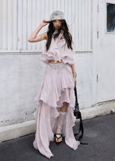 peach pink two piece set, halter ruffle set, korean fashion set, romantic maxi skirt set, fairycore outfit, layered ruffle skirt, feminine summer set, elegant two piece dress set, jnylon dress set, resort wear women
