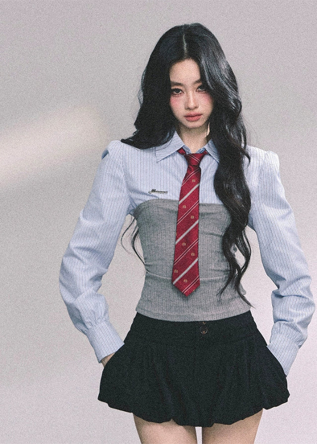 fake two piece college top, striped polo shirt women, knitted corset layer top, autumn preppy long sleeve, slimming academic shirt, fw25 school style top, american striped blouse, layered polo knit top, cinched waist striped shirt