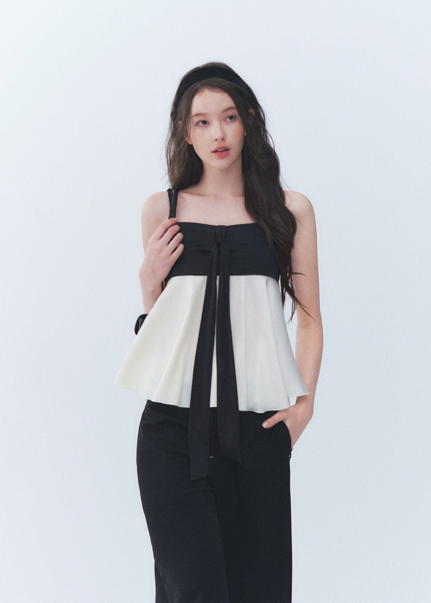 colorblock camisole top, black and cream cami, bow camisole top, vintage camisole women, Korean feminine top, babydoll cami top, flared camisole, romantic summer top, cream camisole blouse, simple vintage top, feminine Korean fashion, date outfit top, summer cami blouse, contrast color top, soft girly camisole