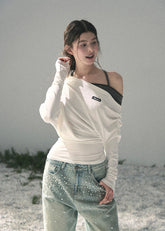 aomalm top, off shoulder knit top, korean fashion top, layered halter top, long sleeve summer top, waist cinching top, feminine korean blouse, soft drape top, elegant casual top, spring knit top, slim fit long sleeve top, romantic korean outfit