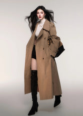 LuluSwings trench coat, khaki long trench, double breasted trench coat women, classic lapel long coat, modern Korean city style coat, stylish autumn winter outerwear, chic khaki overcoat, timeless silhouette trench, elegant long lapel coat, trendy street chic coat, AW stylish outerwear women