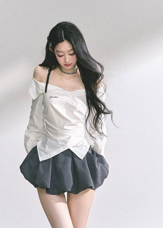 korean off shoulder long sleeve top, french drape blouse women, fake two piece asymmetrical top, korean autumn fashion top women, off shoulder plaid shirt top, elegant french style blouse, korean streetwear chic outfit, trendy korean top long sleeve, asymmetrical draped top women, hot girl fashion blouse korea, korean minimal chic outfit, seoul fashion top autumn, off shoulder slim fit shirt, korean preppy plaid shirt, london style korean top women