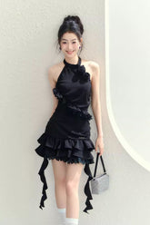 Niche design dinner style black rose ribbon sleeveless dress