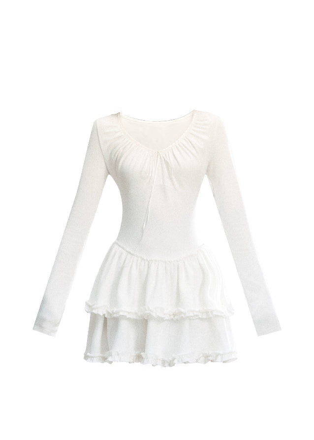 Fragileheart knit dress, ballet style outfit, ivory ruffle one-piece, luxury Korean fashion, quiet luxury womenswear, pastel noir aesthetic, elegant autumn dress, V-neck knit outfit, pre-autumn K-fashion, romantic feminine style, tiered ruffle skirt, soft Korean fashion, delicate white dress, graceful knit one-piece
