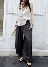 jnylon pants, balloon pants women, striped wide leg pants, korean fashion pants, relaxed casual pants, modern vintage trousers, urban nomad pants, lantern pants women, draped pants, stylish korean outfit, wide leg balloon trousers, summer casual pants