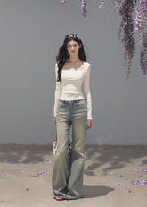 Cream lyocell-blend square-neck top with a slim silhouette