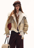 plaid spliced jacket women, fur collar jacket women, y2k street jacket, oversized lapel jacket, autumn winter jacket women, fashion street outerwear, casual statement jacket, retro inspired jacket, mixed fabric jacket women, trendy winter jacket, high fashion street jacket, mamc outerwear style, bold women jacket, streetwear coat women, y2k fashion jacket