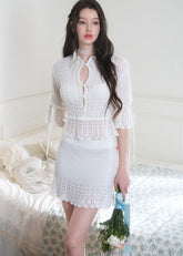 hollow knit top and skirt set, French knit skirt set, feminine Korean two piece set, cream knit mini skirt set, romantic knit outfit women, soft knit matching set, slim fit top and skirt set, elegant mini skirt set, dressy knit co-ord women, cute Korean skirt set, date outfit two piece set, soft cream knit set, fitted knit top women, feminine coordinated outfit, LaLuneDuCiel style clothing