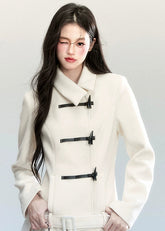 Fragileheart wool coat set, pleated skirt outfit, luxury Korean fashion, horn buckle jacket, fog blue winter coat, ivory tweed ensemble, quiet luxury womenswear, pastel noir aesthetic, elegant two-piece outerwear, K-fashion 2025, structured feminine style, sophisticated winter outfit, belted coat dress, modern romantic fashion