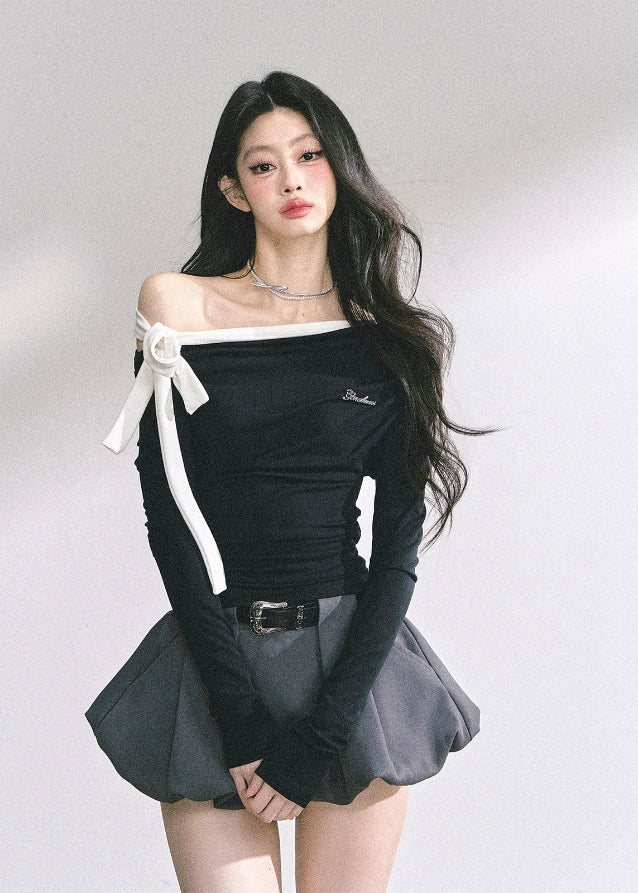 korean off shoulder ribbon top, korean hot girl long sleeve shirt, seoul street fashion top women, korean sexy slim fit long sleeve, off shoulder tie top women, korean modern chic top, korean autumn off shoulder blouse, kfashion minimalist street top, korean elegant bow top, seoul inspired off shoulder outfit, hot girl shoulder tie design, korean feminine streetwear, off shoulder stylish korean shirt, trendy long sleeve fall top, korean fashion black white slim top