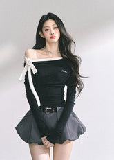 korean off shoulder ribbon top, korean hot girl long sleeve shirt, seoul street fashion top women, korean sexy slim fit long sleeve, off shoulder tie top women, korean modern chic top, korean autumn off shoulder blouse, kfashion minimalist street top, korean elegant bow top, seoul inspired off shoulder outfit, hot girl shoulder tie design, korean feminine streetwear, off shoulder stylish korean shirt, trendy long sleeve fall top, korean fashion black white slim top