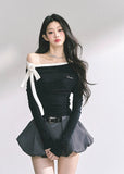 korean off shoulder ribbon top, korean hot girl long sleeve shirt, seoul street fashion top women, korean sexy slim fit long sleeve, off shoulder tie top women, korean modern chic top, korean autumn off shoulder blouse, kfashion minimalist street top, korean elegant bow top, seoul inspired off shoulder outfit, hot girl shoulder tie design, korean feminine streetwear, off shoulder stylish korean shirt, trendy long sleeve fall top, korean fashion black white slim top