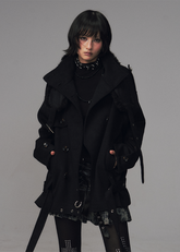 dark wool coat women, detachable fur collar coat, edgy winter coat women, frustration garden outerwear, gothic lapel wool coat, double breasted black coat, multi way wool jacket, punk winter coat women, avant garde wool trench, dark fashion fur lapel coat