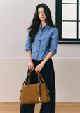 Dark indigo wide-leg jeans with contrasting diagonal front lines